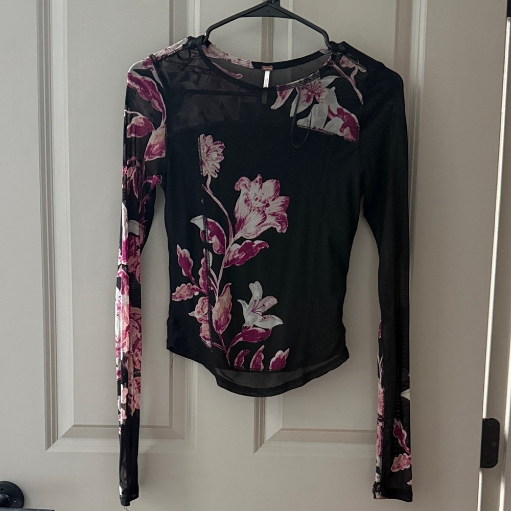 Free People Black and Pink Floral Long Sleeve Top
